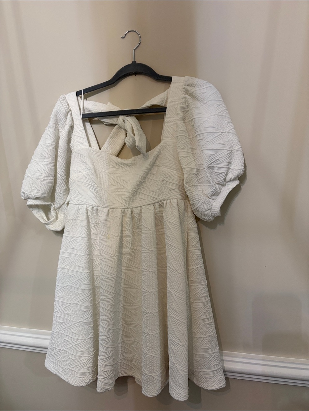 White Puff-Sleeve Juniors Dress with Square Neck
